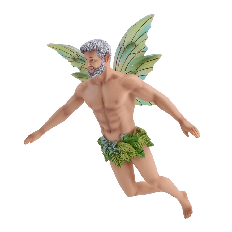 grey haird fairy wearing green leaves around waist.