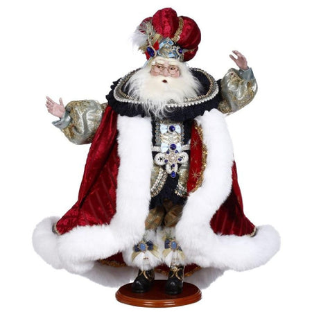 Mark Roberts Joyeux Noel Santa 22 inch collectible figurine with layered fabrics, rich colors, and detailed decorative trim
