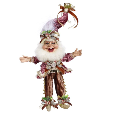 bearded elf wearing rosy pink and brown velvet outfit with rhinestone and bell embellishments.