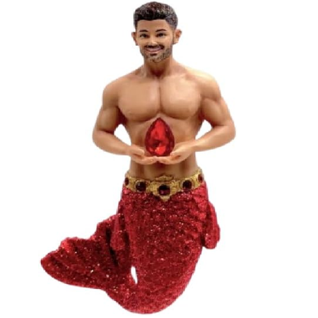 Figurine of a merman with a red gem and red tail on a white background