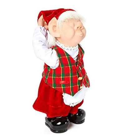 Julian the elf is wearing red shorts, a matching cap and a red and green checkered vest.