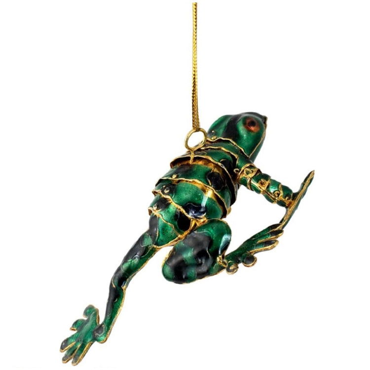 Green metal with enamel frog in jumping pose with gold cord hanger