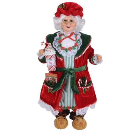 Karen Didion Comfy Cozy Mrs Claus figurine in red velvet and green velour holding a peppermint mocha