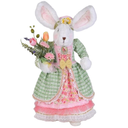 Karen Didion Ruby Bunny Figurine 19 inch white bunny pink dress green overcoat spring flowers Easter decor