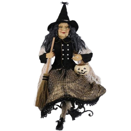 Karen Didion gold witch figurine 26 inch Halloween decor plaid skirt black hat pumpkin bucket vintage style