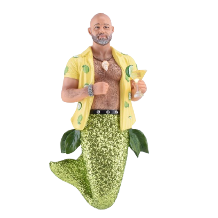 merman with green tail, some fins are lime leaves. He has on a yellow shirt with lime pattern, and is holding a drink.
