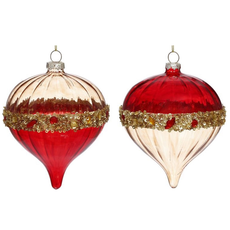 two blown glass "onion" shaped ornaments with gold glitter sequin accents around middle. One is orange on top and red on bottom, the other is opposite.