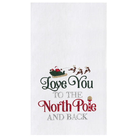 white towel features an embroidered design of Santa’s sleigh and reindeer flying over elegant script in traditional red, green, and silver
