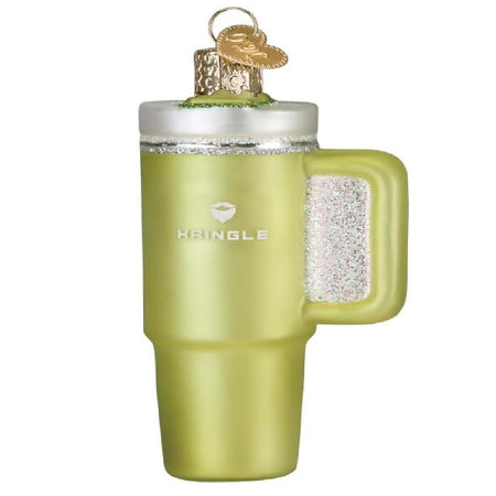 light green stanley inspired cup, with a mustache & beard logo and the word Kringle.