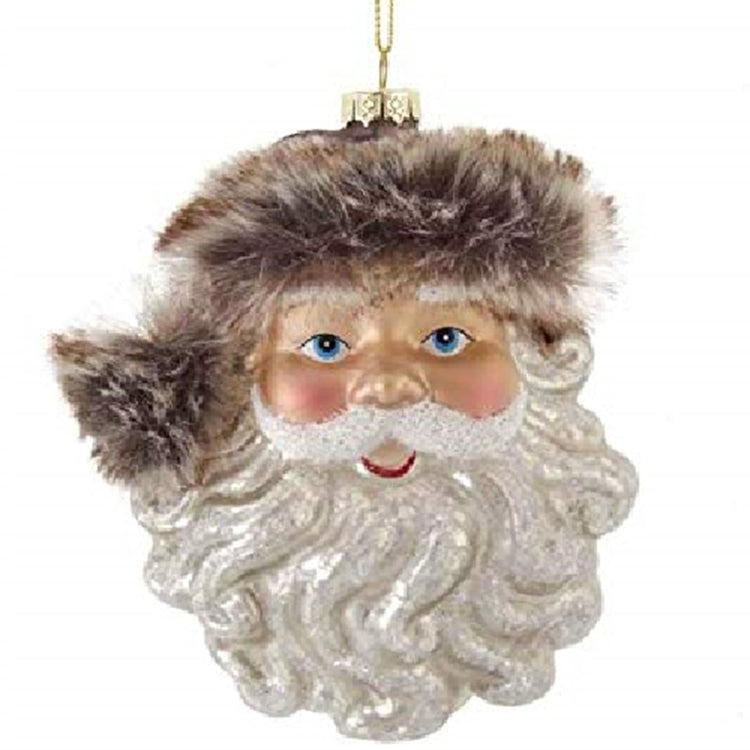 Santa face ornament. He has a long white beard and a brown faux fur hat