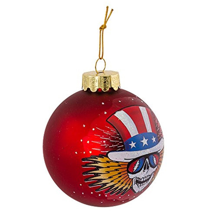 Red ball ornament with sull wearing wings and a flag designed top hat
