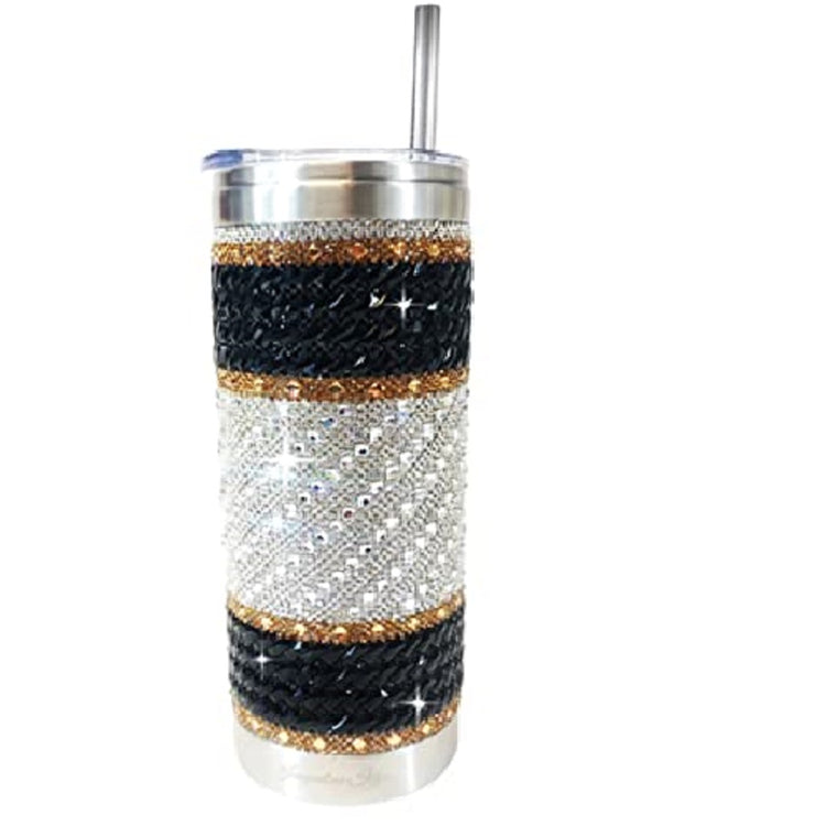 crystal studded tumbler with silver all over and 2 black bands with gold edges on top and bottom.  Has a straw