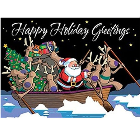 Santa and reindeer rowing in a rowboat at night. You can see the night stars and the water is icy. Decorated tree and bag of gifts in the boat.