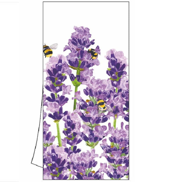 White folded towel with lavender flowers and bumble bees.