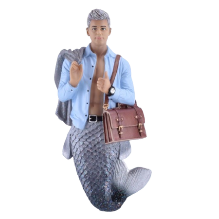 merman ornament, wearing a light blue suit shirt, unbottoned, with a grey jacket, and a briefcase.