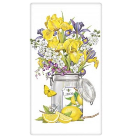 Decorative kitchen towel with a jar of lemons and flowers on a white background