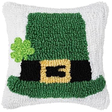 White square hooked pillow with green Leprechaun Hat design complete with clover.