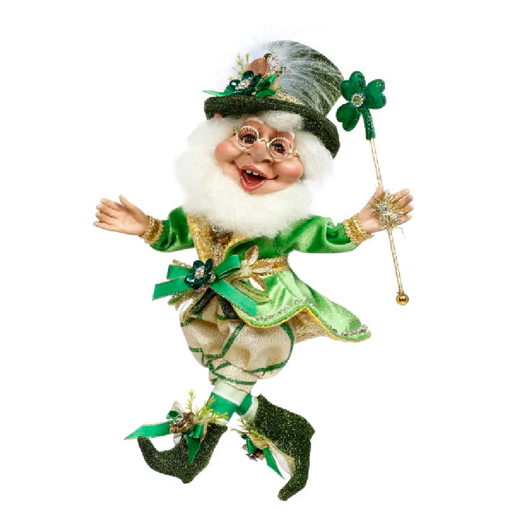 Bearded elf wearing green and gold leprechaun outfit.