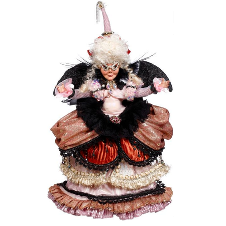 blonde witch with black bat wings, wearing a dress made of many layers, in order to look like layers of a cake.