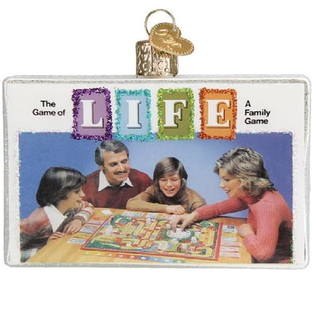 blown glass ornament, the game of life board game box.