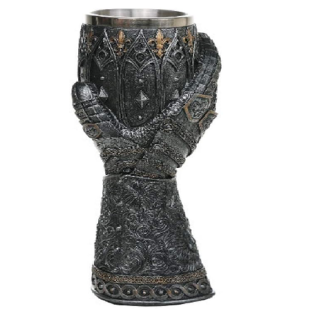Goblet made to look like a hand in a knights gauntlet holding a chalice.