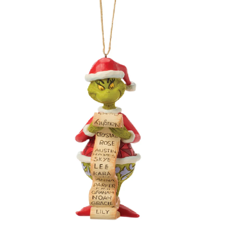 A Grinch Christmas ornament featuring the Grinch wearing a Santa hat and coat while holding a scroll with names, hanging from a gold string against a white background.