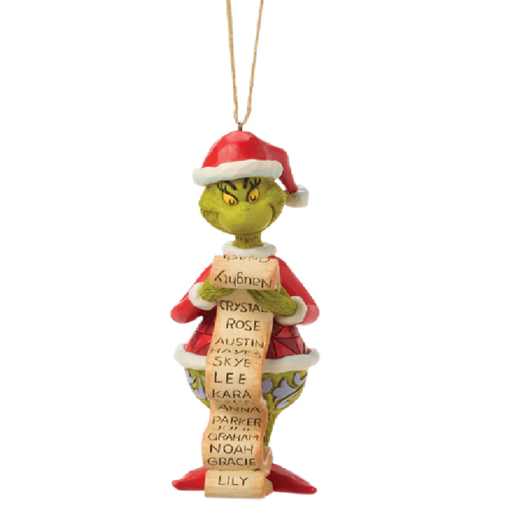 A Grinch Christmas ornament featuring the Grinch wearing a Santa hat and coat while holding a scroll with names, hanging from a gold string against a white background.