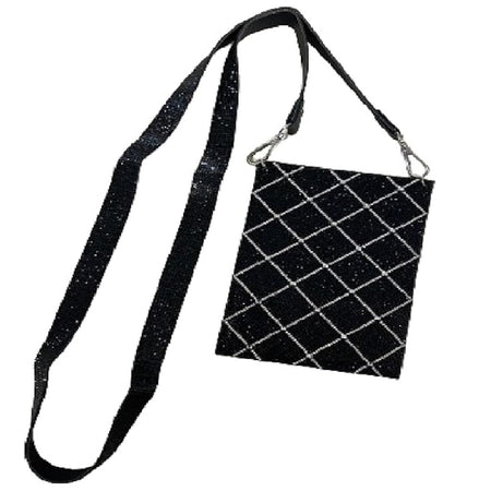 rhinestone encrusted black and silver crisscross design cellphone purse