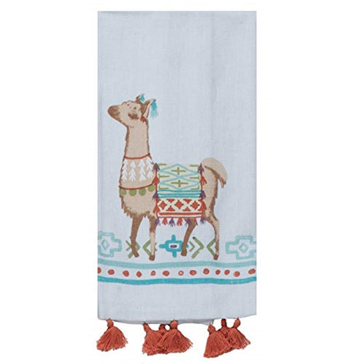 White towel with orange tassles.  Design on front is a llama and teal stripes and orange dots.