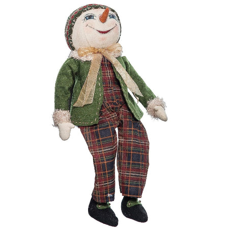 fabric snowman figurine wearing plaid overalls with a green felt jacket and a matching cap.
