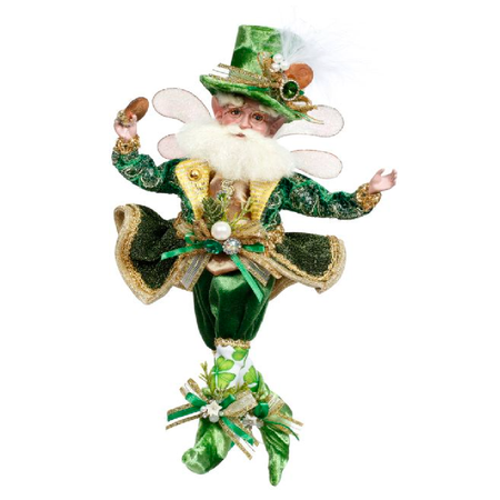 Bearded fairy wearing green and gold suit with clover and gold coin accents.