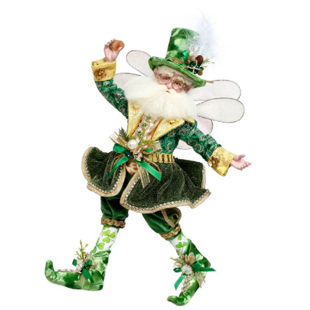 bearded fairy in gold and green suit and hat, adorned with lucky pennies and clovers.