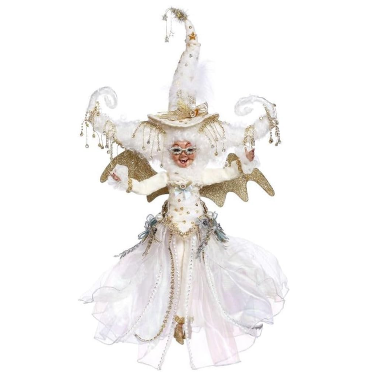 white haired witch with white and gold outfit and hat, and gold bat wings.