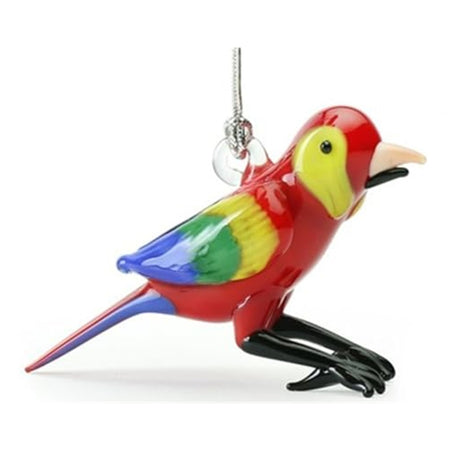 Hanging ornament in the shape of a Macaw. Red with blue tail and blue, green and yellow wings. Black feet, he is standing.