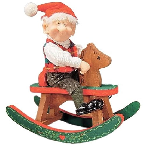 Elf figure riding a rocking horse.