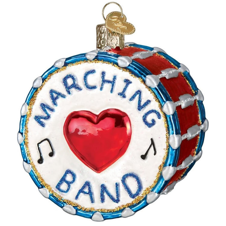 Blown glass Marching Band Drum ornament, red and blue with a heart and music notes on drum.