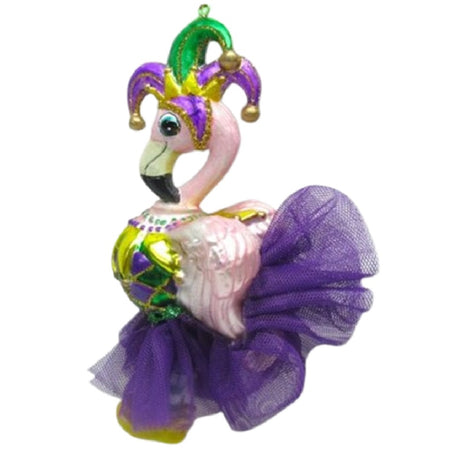 Pink flamingo shaped ornament wearing a net purple tutu and a jester hat