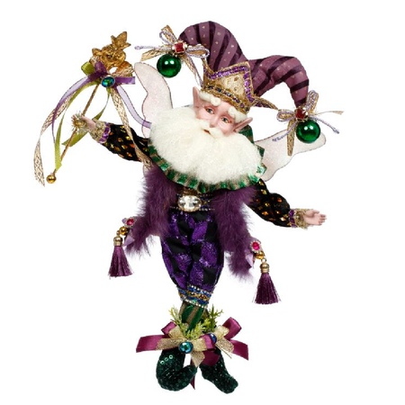 Bearded Fairy in purple jester outfit with green beads, and a gold fleur de lis topped baton.