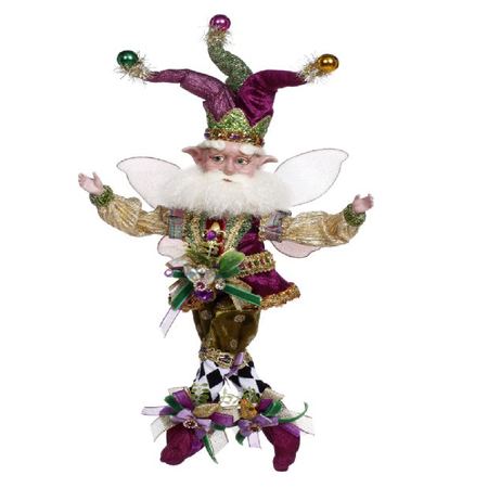 Bearded fairy in purple and gold outfit, wearing green and purple jester hat.