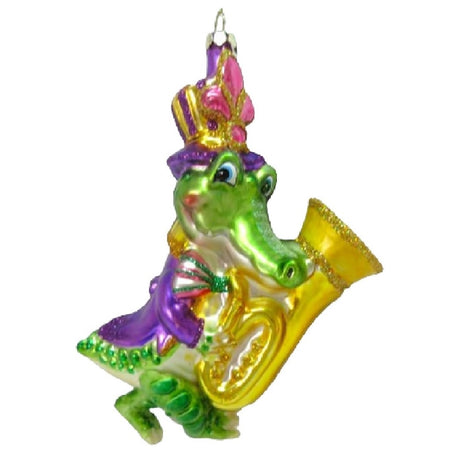 blown glass alligator wearing mardi gras outfit and playing a saxophone 