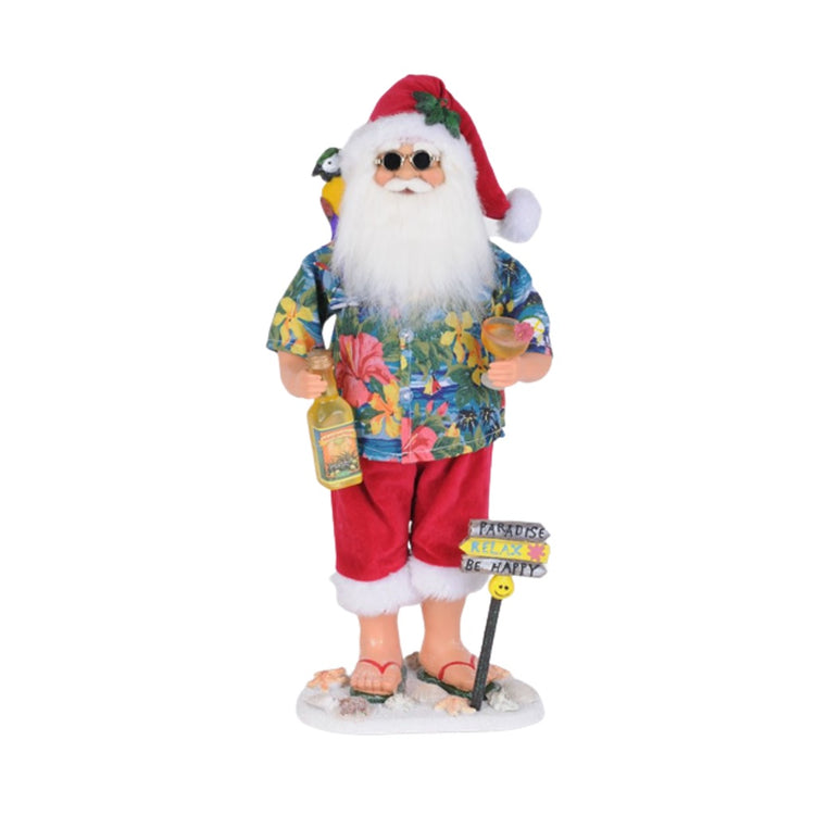 Santa wearing red shorts, tropical shirt with a parrot on his shoulder, a margarita in hand, and a bottle of tequila in the other.