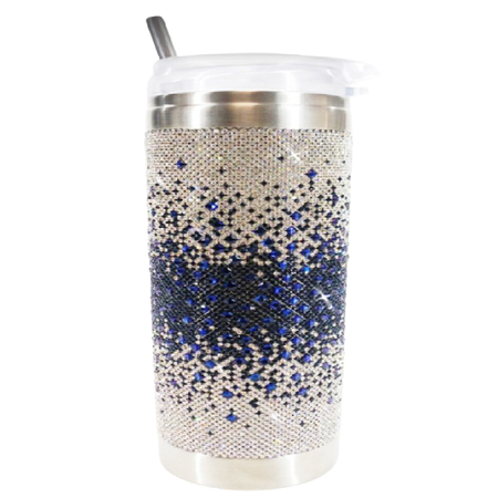 silver and blue bedazzled tumbler, blue is a wave through the middle of the design.