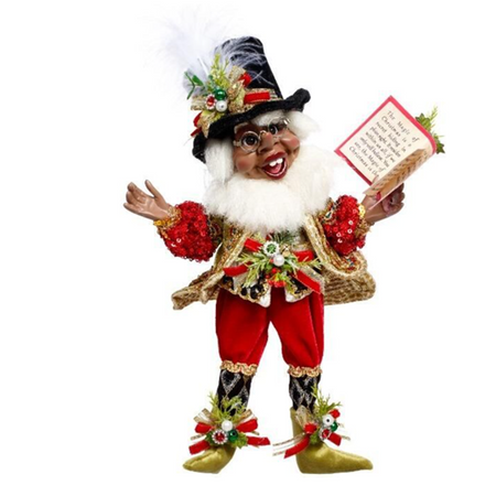 African American Christmas Carol Elf dressed in red holding a song book