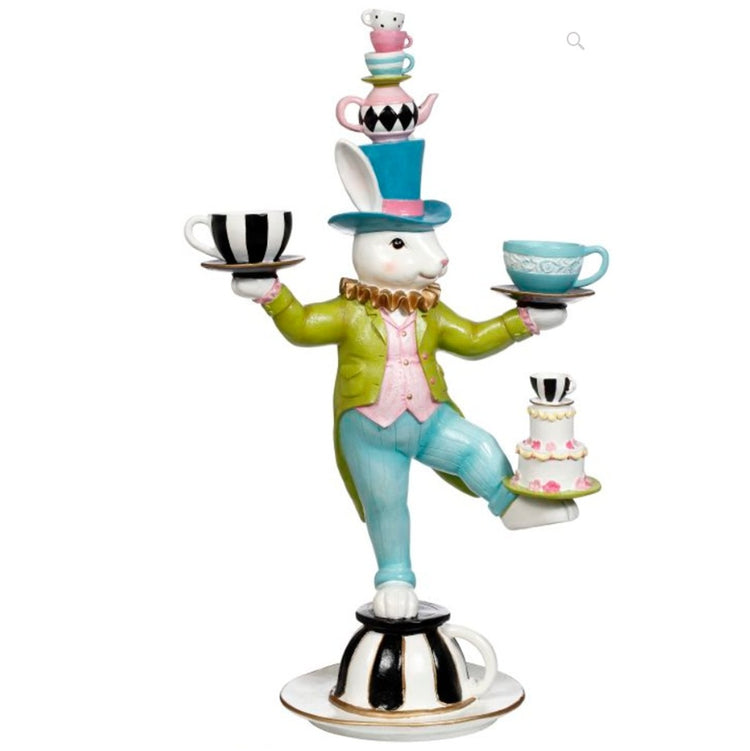 Mark Roberts 63-55322 Balance Act Rabbit 24 inch resin Easter figure balancing on teacup with tiered cake and stacked teapot hat