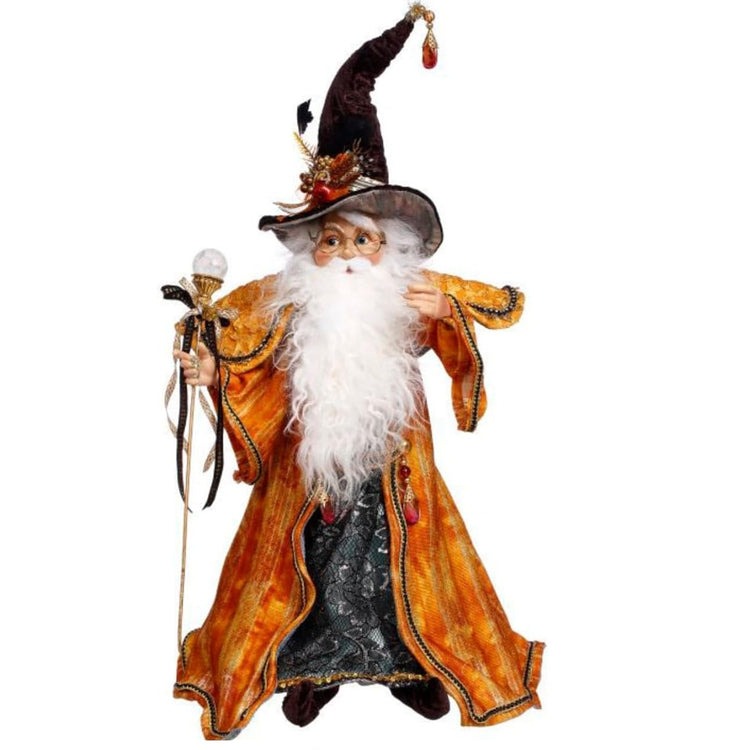 Mark Roberts 51-64122 North Pole Trick or Treat Wizard Elf 18.5-inch Halloween collectible figurine wearing an orange robe, jeweled wizard hat, and holding a crystal-tipped staff.