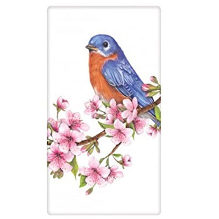 white dish towel with a graphic of a bluebird sitting on a branch of cherry blossoms