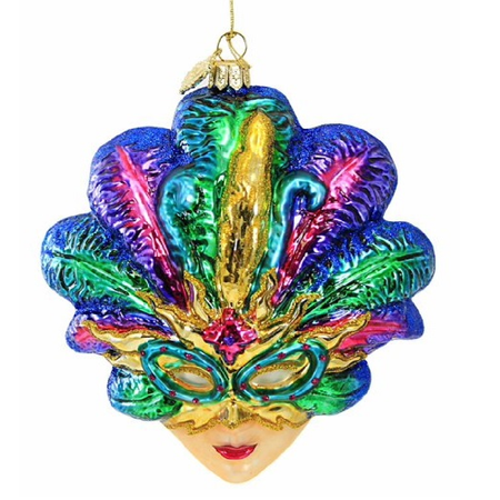 Blown glass ornament of a blue, purple, teal and pink Mardi Gras or Carnival mask