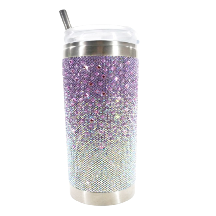 tumbler covered in mauve purple and silver rhinestones in an ombre design.