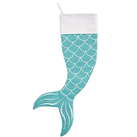 Mermaid tail design stocking in aqua with white scale outline and white cuff.