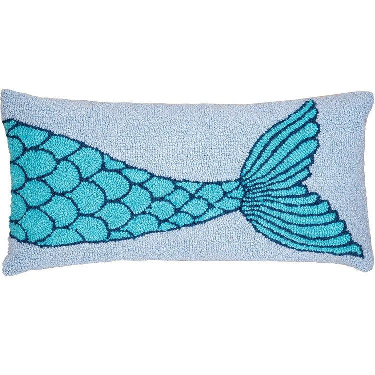 C&F Home light blue hooked throw pillow with turquoise mermaid tail design 12 x 24 inches